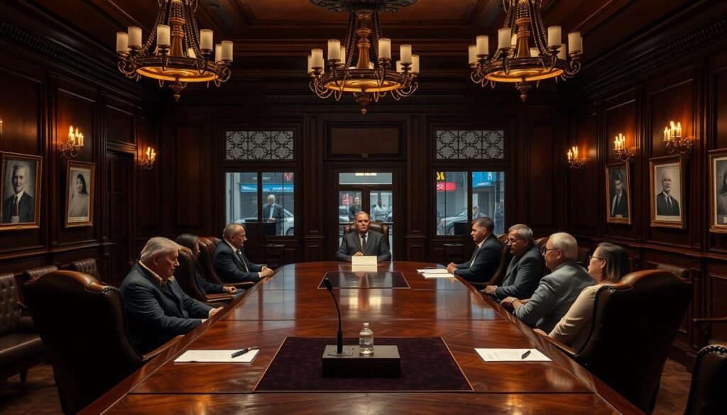 A dimly lit conference room, the air thick with anticipation. Mahogany furniture and ornate chandeliers casting a warm glow, evoking a sense of timeless tradition. At the center, a long table with high-backed chairs, where local officials gather to deliberate on a crucial decision. The walls adorned with framed certificates and diplomas, signifying the gravity of the proceedings. Through the windows, a glimpse of a bustling street outside, a contrast between the formality of the chamber and the vibrant pulse of the community. The mood is one of careful consideration, as the decision-makers weigh the evidence and arguments before them, aware of the impact their verdict will have on the lives of those they serve.