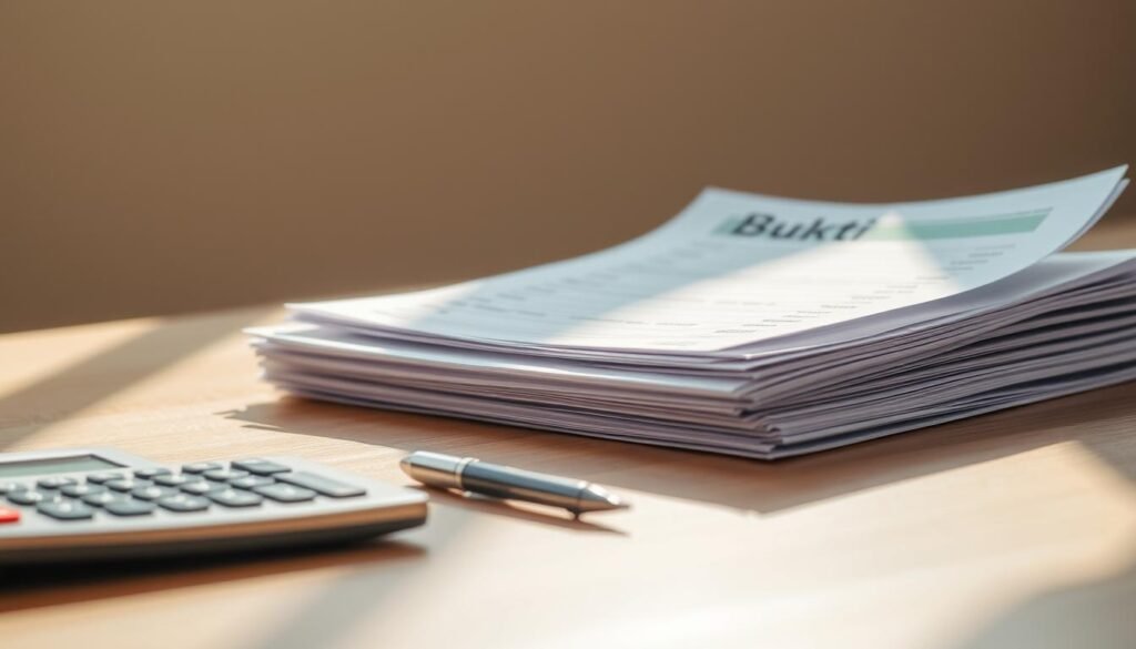 A neatly organized stack of official financial documents and receipts, casting soft shadows on a clean, minimalist wooden desk. The scene is bathed in warm, natural lighting from a nearby window, creating a sense of professionalism and attention to detail. In the foreground, a calculator and a pen sit ready to scrutinize the evidence. The middle ground features the "bukti" or proof of transactions, each page meticulously arranged to reveal the financial trail. The background blurs into a neutral, uncluttered space, allowing the central focus to remain on the financial documentation.