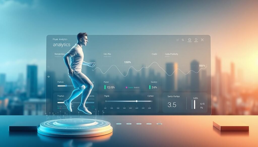 A sleek and modern platform interface for player analytics, with a clean dashboard displaying key performance metrics. In the foreground, a 3D holographic model of a soccer player rotates, overlaid with data visualizations. The middle ground features a minimalist control panel with sliders and toggles, allowing users to customize the data views. The background is a serene, out-of-focus cityscape, evoking a sense of innovation and technological advancement. Soft, directional lighting casts an ethereal glow, complementing the platform's futuristic aesthetic. The overall mood is one of efficiency, precision, and data-driven decision making, catering to the needs of modern sports agents and team management.