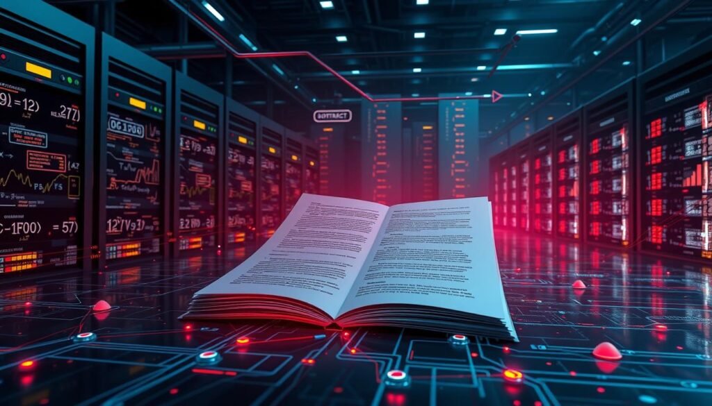 Nilai kontrak algoritma, a highly detailed and technical illustration. A sleek, metallic graphical interface displaying complex mathematical formulas, lines of code, and intricate data visualizations. The foreground features a central 3D render of a contract document, its pages open and glowing with a vibrant hue. Surrounding it, a network of interconnected nodes and algorithms pulsing with energy. The background is a moody, industrial landscape of towering servers and glistening data centers, casting an ominous yet sophisticated atmosphere. Dramatic, high-contrast lighting and a cinematic camera angle convey a sense of power, precision, and the transformative potential of AI-driven negotiations.