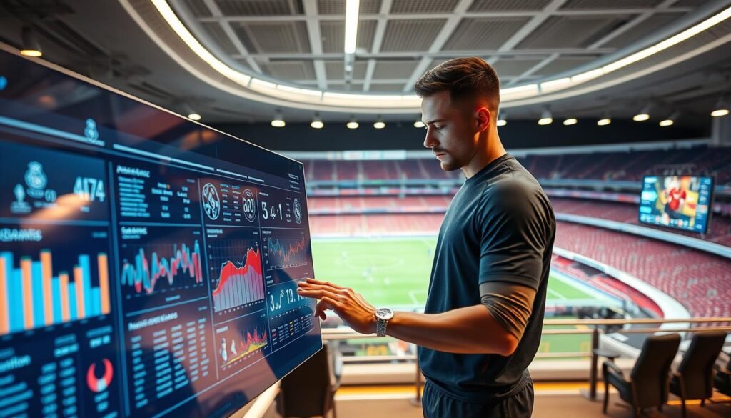 A futuristic analysis dashboard featuring advanced AI-driven technology for player performance metrics. In the foreground, display a sleek, digital touchscreen interface with various graphs, player statistics, and heat maps, highlighting performance analysis. In the middle ground, an athlete in professional sports attire is interacting with the touchscreen, examining their stats with an engaged expression. The background shows a high-tech sports facility, complete with screens displaying real-time game data and a panoramic view of the iconic Santiago Bernabeu stadium. The lighting is bright and modern, with a soft glow emanating from the screens, creating a dynamic and analytical atmosphere. Capture the essence of professional sports technology in action.