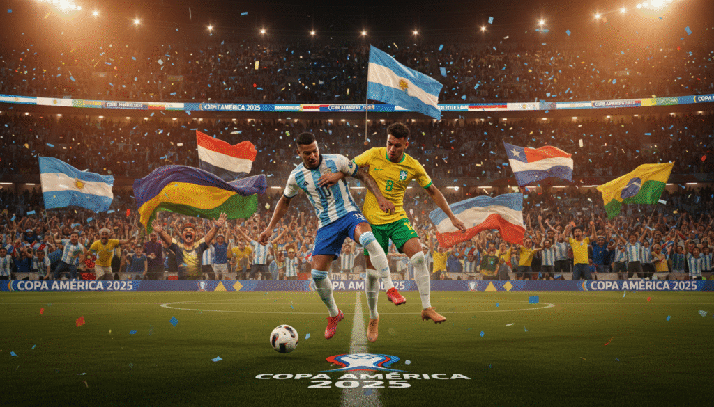 A vibrant scene capturing the intense rivalry and deep emotions of Copa América 2025, featuring a dramatic moment during a football match. In the foreground, two passionate players from opposing teams, clad in their national jerseys, engage in a fierce duel for the ball, displaying determination and intensity. The middle ground showcases a diverse crowd of enthusiastic fans with painted faces and flags, amplifying the excitement, while a stadium filled with colorful banners and lighting fills the background. The atmosphere is electric, with warm, dynamic lighting illuminating the players and fans, enhancing the sense of rivalry and anticipation. The angle is slightly elevated, providing a sweeping view of the action, showcasing the scale and fervor of this South American football celebration.
