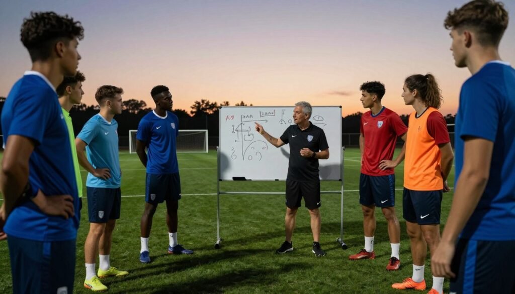 A focused soccer team's mental and physical preparation for extra time, depicted in a training environment. In the foreground, a group of diverse male and female players in modest sportswear, engaged in visualizing strategies and motivating each other. The middle layer features a coach providing guidance, emphasizing concentration and teamwork, with a whiteboard showcasing tactics and formations. In the background, a dimly lit soccer field can be seen, with goalposts and a gradient sunset sky that casts an inspiring glow. The lighting enhances the determined expressions on the players' faces, creating an atmosphere of focus and resilience. Capture this scene from a low angle to emphasize the players' intensity and commitment. A focused soccer team's mental and physical preparation for extra time, depicted in a training environment. In the foreground, a group of diverse male and female players in modest sportswear, engaged in visualizing strategies and motivating each other. The middle layer features a coach providing guidance, emphasizing concentration and teamwork, with a whiteboard showcasing tactics and formations. In the background, a dimly lit soccer field can be seen, with goalposts and a gradient sunset sky that casts an inspiring glow. The lighting enhances the determined expressions on the players' faces, creating an atmosphere of focus and resilience. Capture this scene from a low angle to emphasize the players' intensity and commitment.